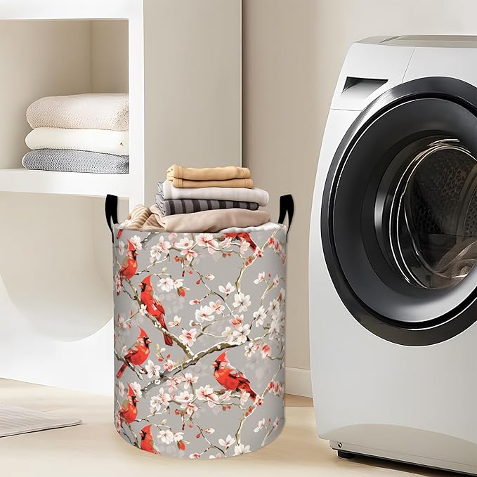 Red Cardinals and White Floral Laundry Basket with Handles, 19.7"x15.7" Clothes Foldable Laundry Hamper Organizer for Dorm Nursery Bedroom Bathroom Decor, Toy Storage Bin for Kids