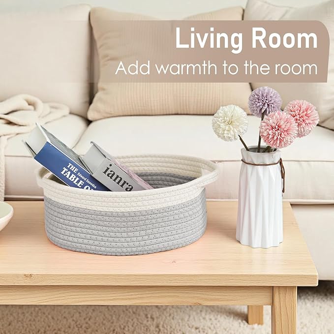 JMvicyroam Woven Basket,Small Rope Storage Bin with Handles & Ribbon Bag, Organizer for Shelves Closets,Gift Basket Empty for Birthday,Books,Dog Toys, White&Grey/3 Pack