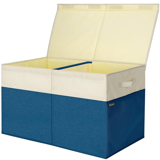 BALEINE Fabric Storage Bins with Lid, Collapsible Extra Large Storage Boxes Bins Baskets with Divider for Home Organizing (25"x13"x16", Navy Blue&Beige)
