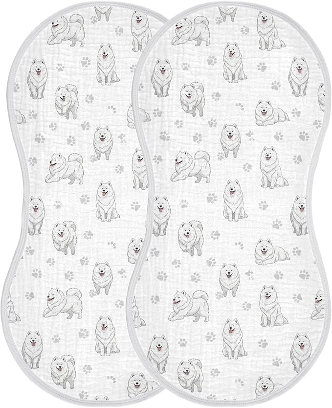Qinllo 2 Pack Muslin Burp Cloths Samoyed Dogs White Cotton Baby Burp Cloths Extra Absorbent and Soft Thick Burping Cloth for Baby Boys Girls 22x11 Inch