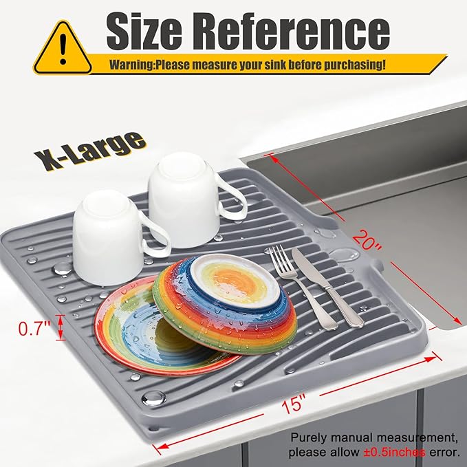 Silicone Dish Drying Mat, Stone Drying Mat for Kitchen Counter with Built-In Drain, Non-Slip Drain Pad with Built-in Drain, Heat Resistant Stone Drying Mat, 1Pcs 20" x 15", Grey