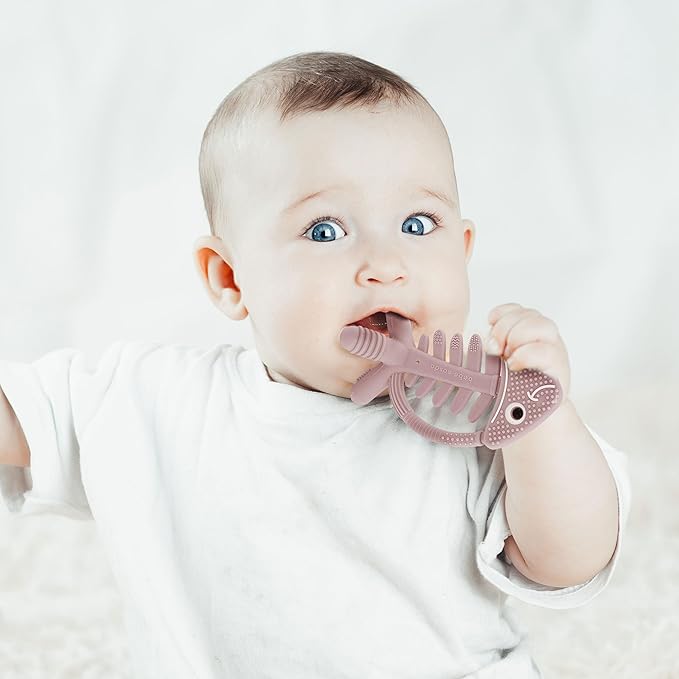 3 in 1 Infant Toys, Baby Teething Toys 3–6 6–12 Months, Teethers for Babies 0–3–6–12 Months for Teething Relief, Baby Gift, Baby Teether Toys, Silicone Sensory Toys,USA Patent Pending, Fish-Rose Pink