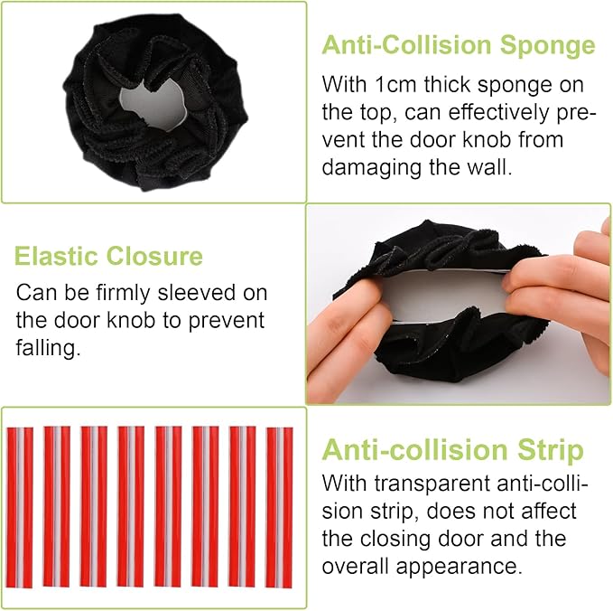 Door Handle Covers, 4Pcs Black Decorative Round Door Knob Covers Soft Door Handle Glove Anti-Static Safety Door Knob Protector with Clear Anti-Collision Adhesive Strip