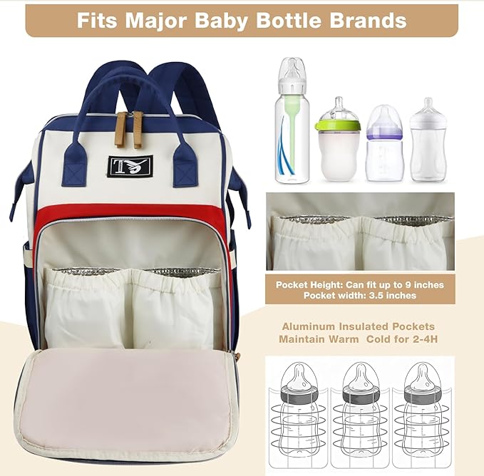 Packino Diaper Bag Backpack for Women - Multifunction Travel Essentials Baby Diaper Bag with Changing Pad, Large Backpack Baby Girl Boy, Insulated Bottle Holders & Stroller Straps (Red+Blue)