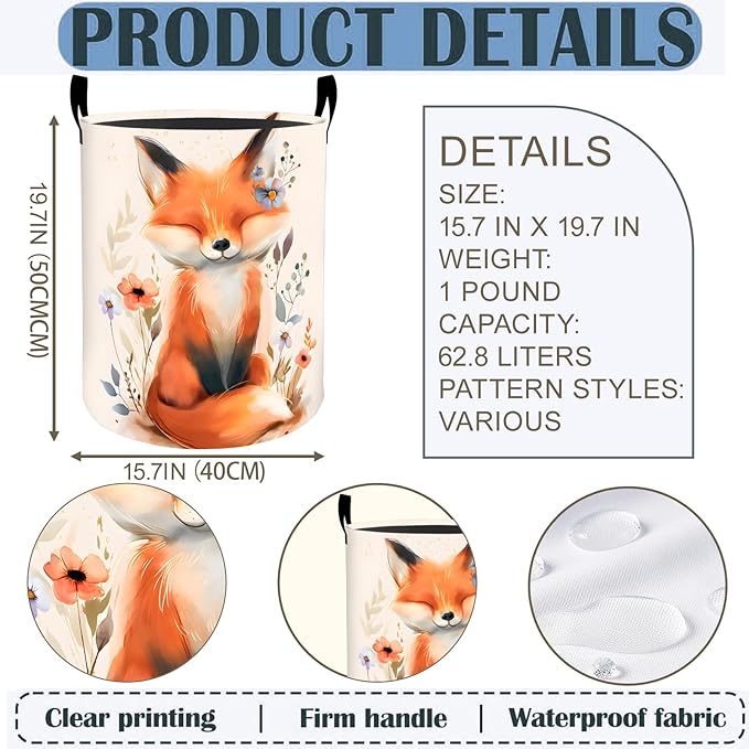 Fox Laundry Basket Hamper 19.7"x15.8", Cute Animal Foldable Waterproof Oxford Clothes Storage Bucket for Room Bathroom Bedroom Nursery Decor, Toy Organizer Bins Gifts for Kids Boys Girls