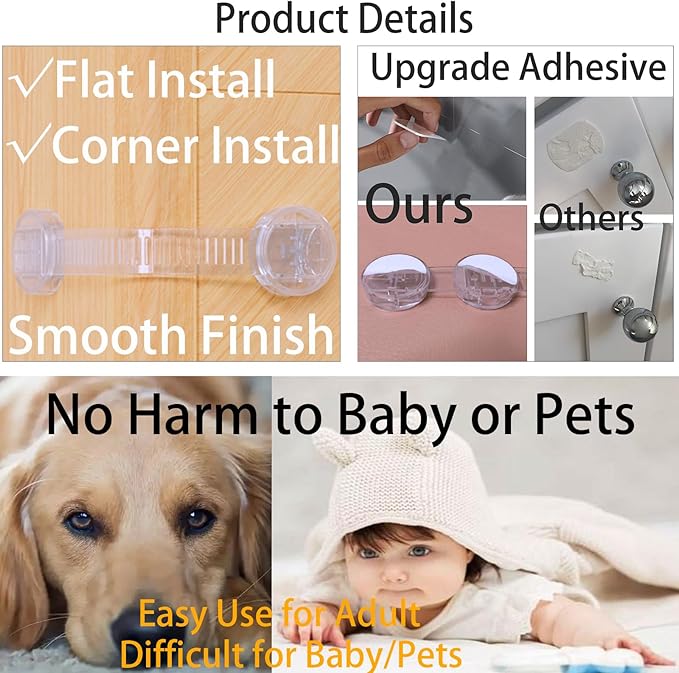 6 Pack Adhesive Straps Locks Baby Proofing for Drawers Fridge Dishwasher Toilet Seat Cupboard Oven Freezer Trash Can, Cabinet Latches Adjustable for Toddlers Cats Dogs, No Drill, Transparent