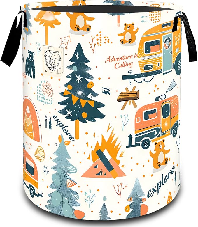 VODRM Camping Adventure Forest Laundry Basket, Dirty Collapsible Clothes Toy Organizer Hamper for Kids Adults, Oxford Cloth Waterproof Storage Bin for Bedroom Bathroom Home Decor Gifts, 19.7"X15.7"