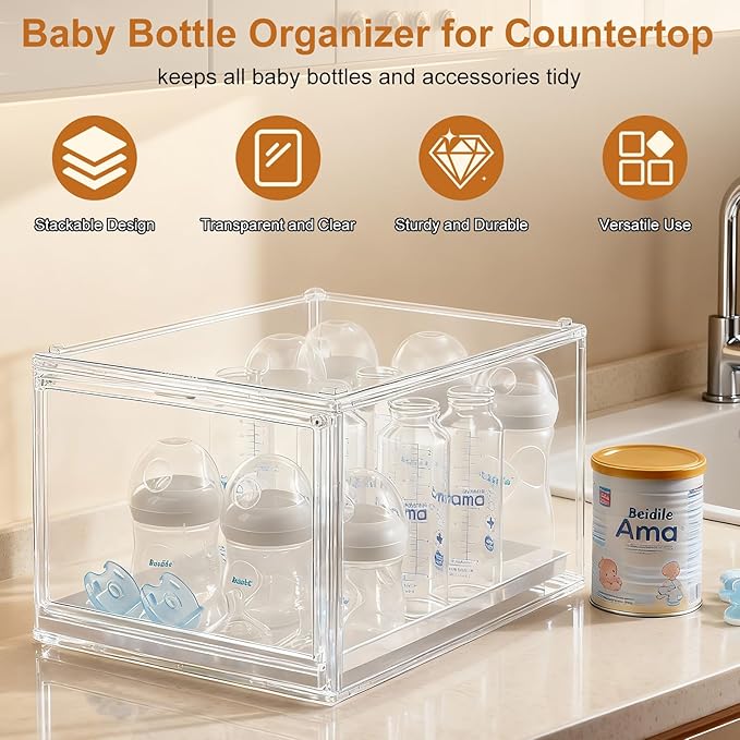 ERTIUANIO Baby Bottle Organizer, Clear Stackable Acrylic Storage for Countertop Cabinet, Baby Bottle Station Organizer with drawer for Pacifiers, Pump Parts