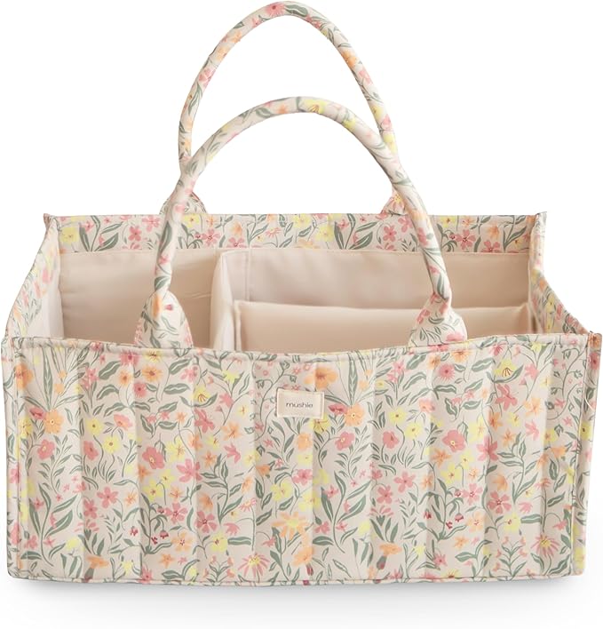 mushie Baby Diaper Caddy | Newborn Essentials Organizer for Diaper Changing Station (Pastel Blooms)