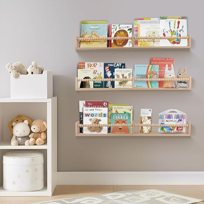 Nursery Book Shelves for Kids Rooms - 32 Inches Floating Wall Bookshelves Set of 3, Space-Saving Nursery Shelves with Beads Design for Kids Room, Bedroom and Study Room(Natural)