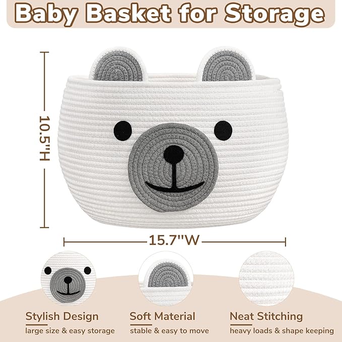 CherryNow Baby Basket for Nursery, Woven Rope Baby Shower Basket, Cute Baskets for Gifts Empty, Diaper Caddy Organizer with Handles, White, 15.7"D x 10.5"H