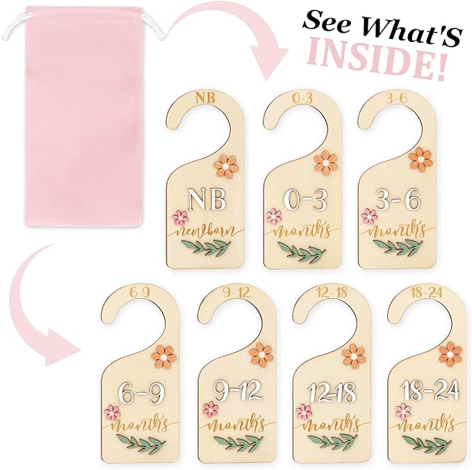 Whaline 7Pcs 3D Daisy Wood Baby Closet Size Dividers with Pink Velvet Bag Newborn to 24 Month Thicken Infant Wardrobe Hanger Organizers for Home Nursery Party Favors