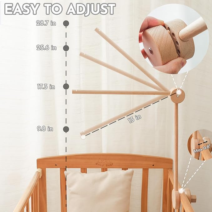 Natural Wooden Crib Mobile Arm – Foldable & Adjustable Baby Mobile Holder, Smooth Beech Wood Mobile Hanger with 360° Rotation, Easy Attachment for Nursery Decor & Newborn Cribs