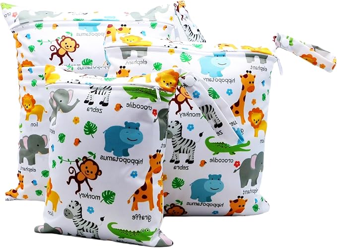 Asenappy 3pcs Cloth Diaper Wet Dry Bags Waterproof Reusable with Two Zippered Pockets Travel Beach Pool Daycare Soiled Baby Items Yoga Gym Bag for Swimsuits or Wet Clothes (3036-3-monkey)