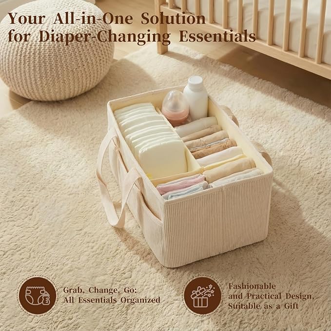 Baby Diaper Caddy Organizer with Portable Changing Mat-Portable Baby Organizers and Storage, Baby Essentials Organizer with Removable Dividers (Corduroy)