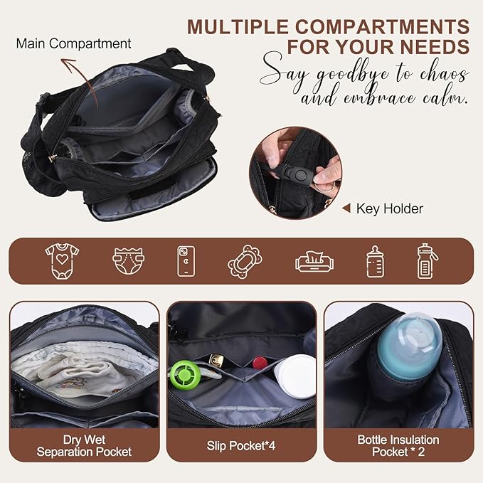 Rexmore Puffer Quilted Fanny Pack Diaper Bag for Mom - Women‘s Compact Crossbody Purse with Portable Changing Pad & Wipes Pouch, Travel & Quick Errand Baby Essentials Organizer(Black)
