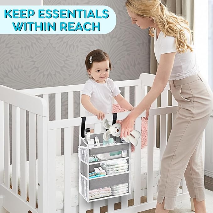 Ofiray-home Hanging Diaper Organizer for Changing Table,Cribs,Car,Playard or Wall & Nursery Organization-Durable 2-Tier Diaper Organizer with Mesh Pockets and Viewable Design, Won't Deform, Light Gray