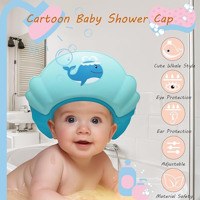 Baby Shower Cap Shield, Shower Cap for Kids, Visor Hat for Eye and Ear Protection for 0-9 Years Old Children,Cute whale shape Makes the Baby Bath More Fun (Blue)