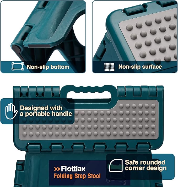 Flottian 13" Folding Step Stool for Adults and Kids Holds Up to 300 lbs,Non-Slip Folding Stools with Handle, Compact Plastic Foldable Step Stool for Bathroom,Bedroom, Kitchen Turquoise Green,1PC