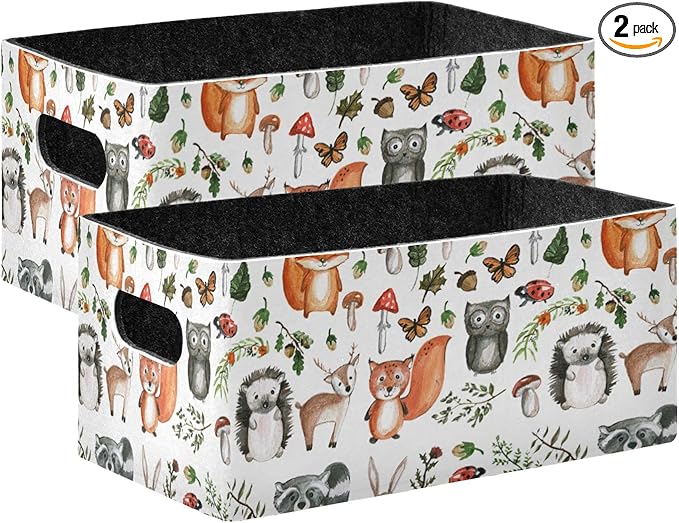 Emelivor Cute Animals Storage Basket Bins Set (2pcs) Felt Collapsible Storage Bins with Dual Handles Closet Storage Bins for Nursery ,Kids Room,Clothes,Towels,Magazine