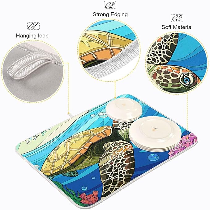 Absorbent Dish Drying Mat for Kitchen Counter - Blue Turtle Microfiber Drying Pad, Reversible Drainer Mats for Countertop, Small 16" x 18"