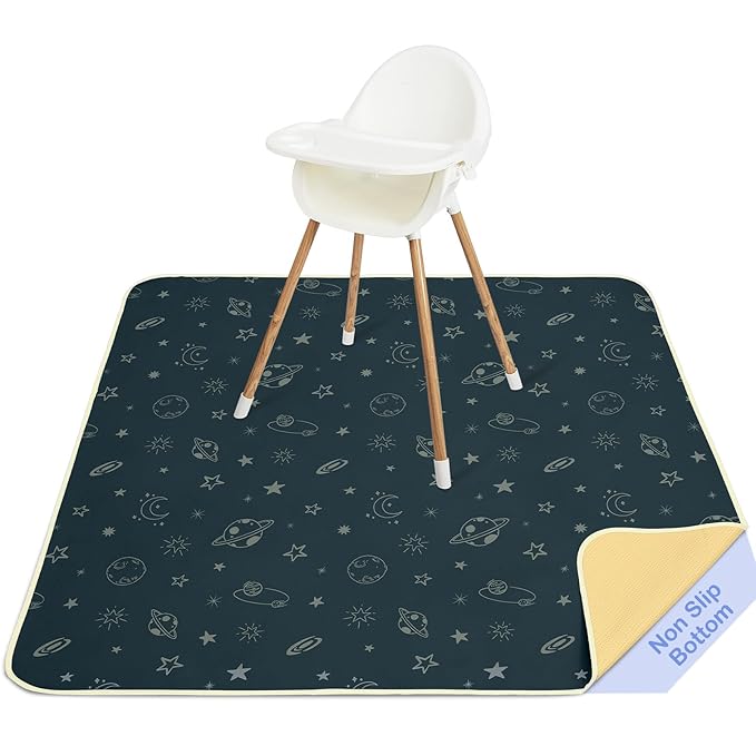 Basumee Splat Mat High Chair Mat Waterproof Baby Play Splat Mat for Under High Chair Food Catcher Highchair Mat for Floor Non Slip Bottom, Dark Blue Space, 51x51 Inches