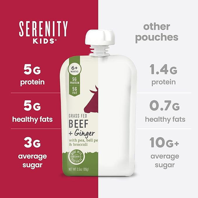 Serenity Kids 6+ Months Beef & Ginger Baby Food Puree Pouches - Grass Fed Beef & Organic Vegetables - Protein-Packed Meat Baby Food - Veggie-Rich Peas & Bell Pepper Blend - 3.5 Oz, 6 Pack