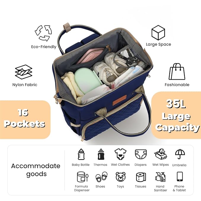 ROSEGIN Diaper Bag Backpack with Changing Pad, Pacifier Case, Baby Bag for Boy Girl Toddler - Large, Stylish, Waterproof Travel Quilted Diaper Bag for Mom - Baby Shower - Navy Blue