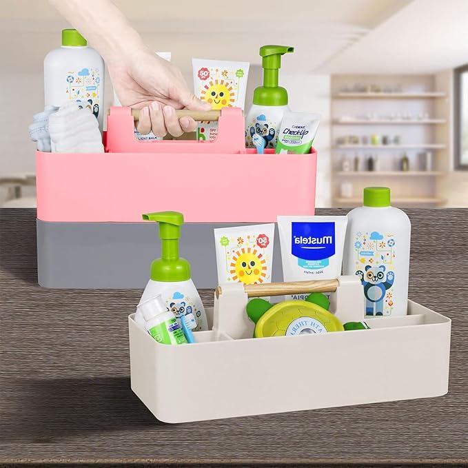 Baby Shower Caddy Plastic Nursery Portable Storage Organizer Caddy Tote for Child/Kids, Divided Basket Bin with Wood Handle for Bathroom, Dorm Room, Holdsn Bottles, Spoons, Gray