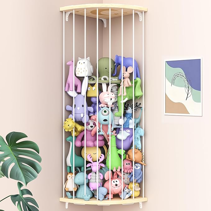 Corner Stuffed Animal Storage Zoo, Large Adjustable Solid Wood Plush Toy Organizer, Hanging Stuffie Holder Shelf & Cage with Engraved Dinosaur Star Moon for Kids Nursery Playroom