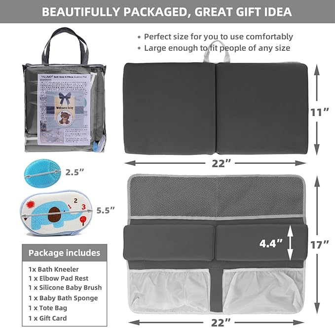 Bath Kneeler and Elbow Rest Set Baby Bath Kneeling Pad, Thick Non-Slip Bathing Kneeling Mat Cushion Quick Drying Bathtub Knee Saver with Arm Support and Pockets for Bathroom Bathing Time Comfort