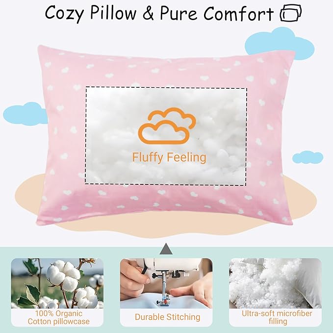 ZPECC Toddler Pillow with Pillowcase - 13x18 Organic Cotton Hypoallergenic Kids Pillow, Baby Essentials for Travel Crib Daycare Stroller (Intended for Age 2 and up) Love