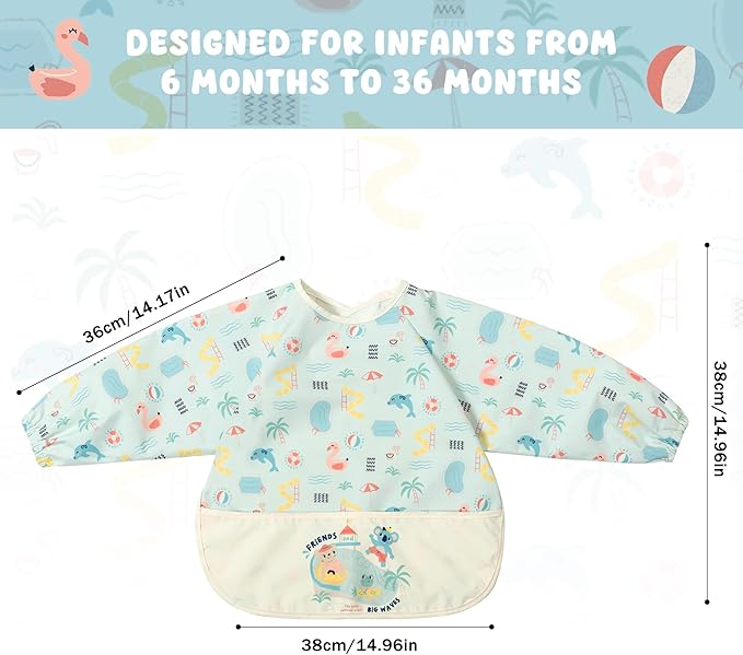 Little Dimsum Mess-Proof Baby Bibs|Infant Toddler Long Sleeve Waterproof Feeding Smock|Catching Food & Wipe Clean