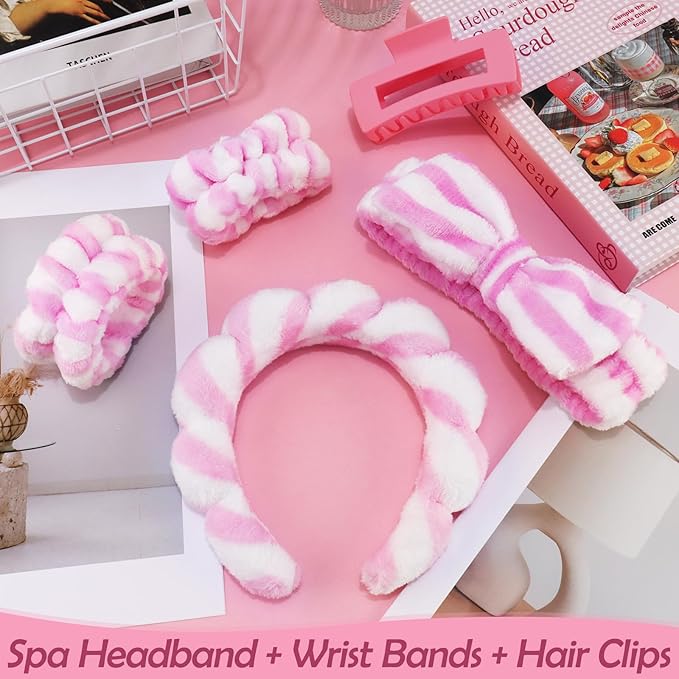 Canitor Spa Headband Wrist Bands with Hair Clips Skincare Makeup Self Skin Care Washing Face Vanity Accessories Things Teens Teenager Tween Clean Girl Gifts Cute Trendy Stuff