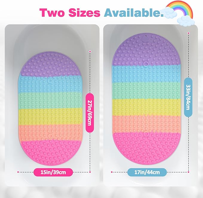 Joiyota Push Pop Bubble Bath Mat for Kids,Rainbow Large Non-Slip Silicone Tub Mat with Strong Suction Cups for Toddler,33x17.3 Inch Waterproof Shower Mat for Bathtub, Sensory Bath Pad with Drain Holes