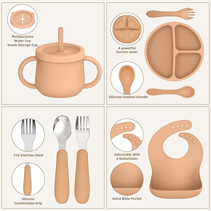 27 Pack Silicone Baby Feeding Set, Food Grade Silicone Baby LED Weaning Supplies, Include Suction Plates, Baby Bowls, Bibs, Fork & Spoon, Training cup with straw, 6 Months+(Brown, Beige, Grey)