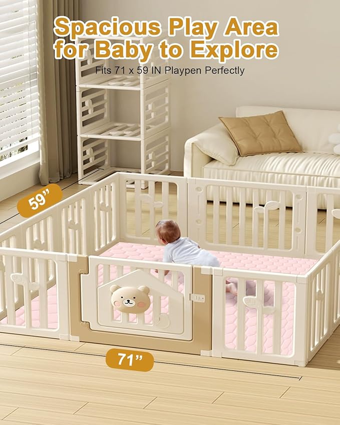 TINYHARBO Premium Foam Baby Play Mat 71" x 59" with Removable Cover, Extra Thick Padding Playpen Mat, Non-Slip Floor Mat, Stylish & Easy to Clean for Crawling Baby, Infants & Toddlers, Pink