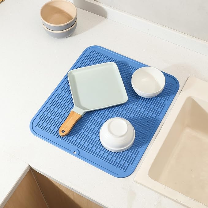MicoYang Silicone Dish Drying Mat for Multiple Usage,Easy clean,Eco-friendly,Heat-resistant Silicone Mat for Kitchen Counter or Sink,Refrigerator or Drawer Liner Lichen BlueL 2XL 24 inches x 18 inches