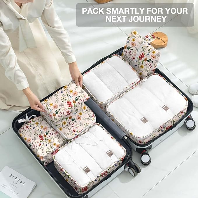 8 Set Packing Cubes for Suitcases, Packing Cube with Shoe, Cosmetics, Clothing, and Accessories Bags for Travel Luggage Organizer Women Men(Retro Flowers)