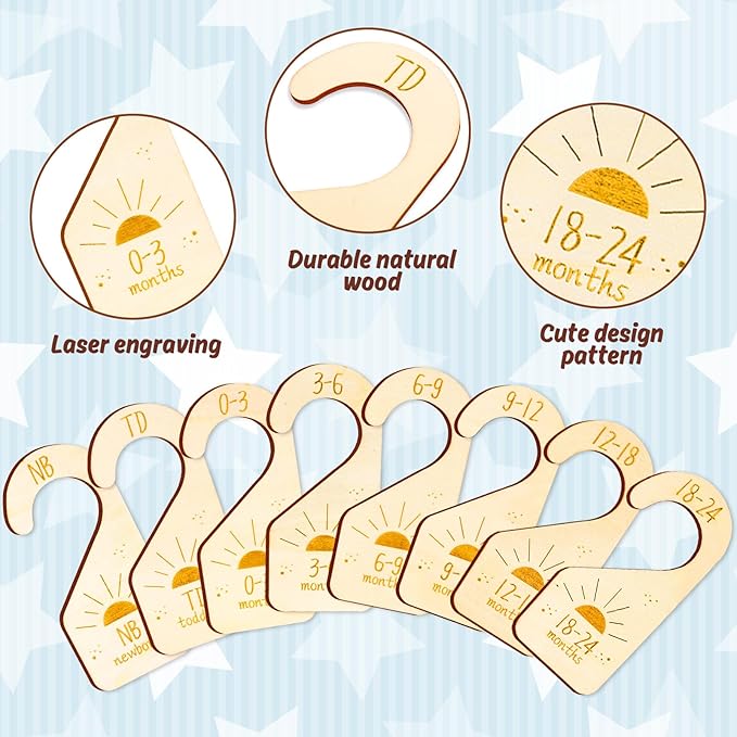 Whaline 8Pcs Baby Closet Size Dividers Wooden Baby Wardrobe Hanger Organizer Boho Sun Design Hanging Wooden Newborn to 24 Months for Home Nursery Baby Clothes Decor
