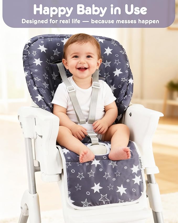 Baby High Chair Cover 2-in-1 Reversible, Includes 5-Point Harness Strap, Waterproof & Soft Dual-Side High Chair Pad Cushion, Machine Washable, Extra Thick Highchair Protector - Grey