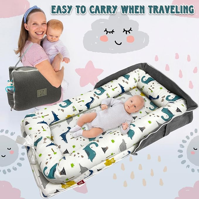 Baby Lounger, Foldable Portable Infant Lounger, Baby Nest Cover, Suitable for 0-24 Months Newborn Baby Lounger,Home Travel Dual-Purpose Baby Nest（Blue Dinosaur）