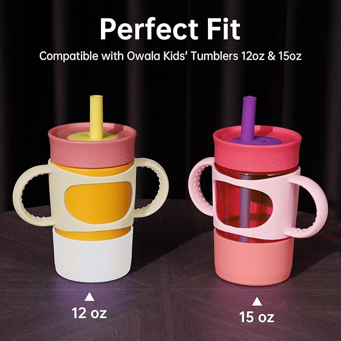 NiHome Silicone Double Handle & Boot for Owala Kids’ Tumbler 12oz 15oz, Easy to Install for Toddlers to Grip & Train, Shock-Absorbing Bottom Sleeve Drop Protection, 2Pcs (Pink + White)