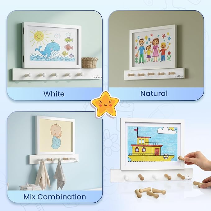 Cata Bella Kids Artwork Frames Changeable with Coat Rack Wall Mount, Wooden Wall Decor with Entryway Hooks and Magnetic Picture Frame, Decorative Organizer for Kids and Home