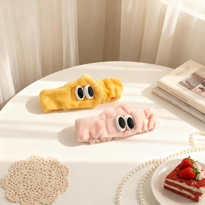PERFECTSIGHT 2 Pack Cute Animal Headbands for Makeup Wash Shower Adjustable Elastic Hair Band for Girls and Women (Yellow+Pink Eye)
