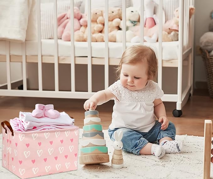 TIBAOLOVER Rectangular Kids Storage Basket Gift Basket Baby Storage Basket Cute Kids Toy Storage Bin Organizer Shelf Book Basket Room Decor(Pink Heart)