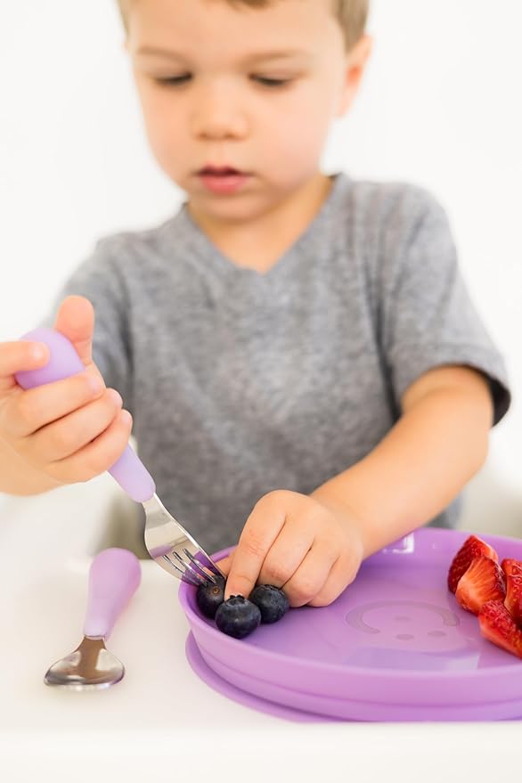 Ubbi Toddler Stainless Steel Fork & Spoon Set, 4-Pack – Silicone Easy-Grip Handles, Kids Self-Feeding Utensils, Baby-Led Weaning Essentials, Dishwasher Safe, Smoothie Purple & Sugar Snap Green