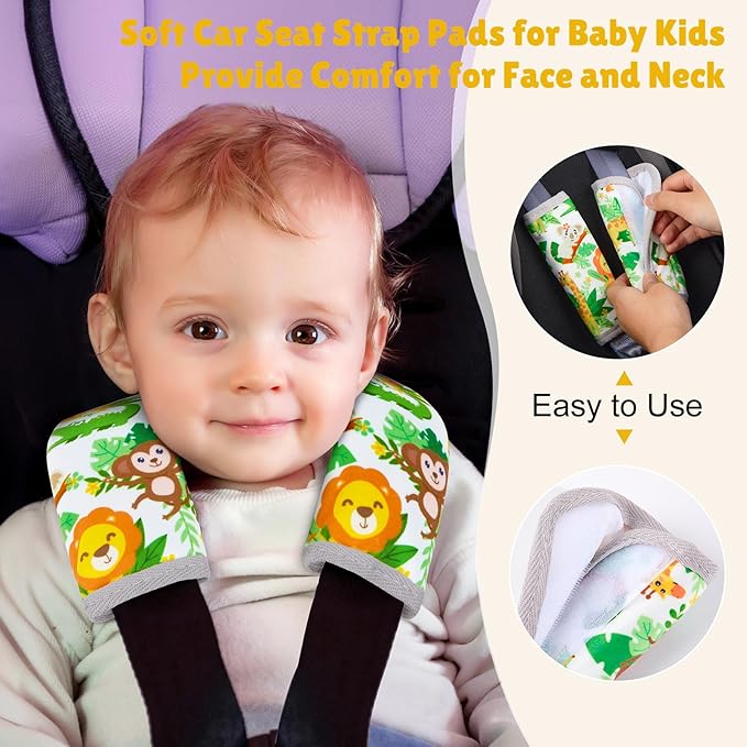Seat Belt Cover Pad for Baby, Soft Seatbelt Cushion Covers for Kids 2Pcs Car Seat Strap Shoulder Pads for All Car Seats, Stroller, High Chair,Green Zoo