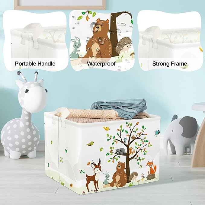 Clastyle Woodland Animals Bear Fox Raccoon Tree Baby Gift Storage Basket Large Deer Owl Collapsible Rectangular Shelf Basket Cute Clothes Towel Toy Book Storage Bin for Nursery