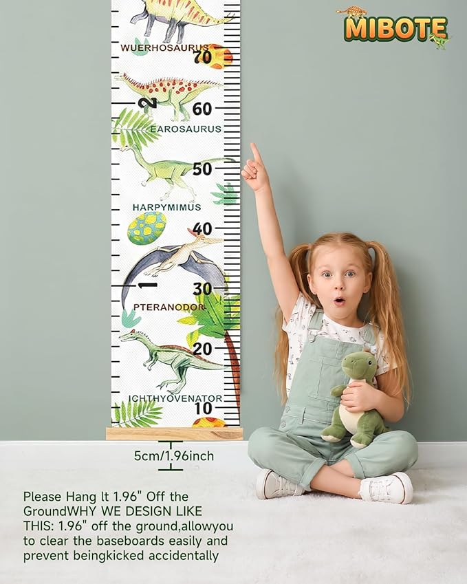 Mibote Baby Growth Height Chart Handing Ruler Wall Decor for Kids, Canvas Removable Height Growth Chart 79" x 7.9" (Various Dinosaurs)